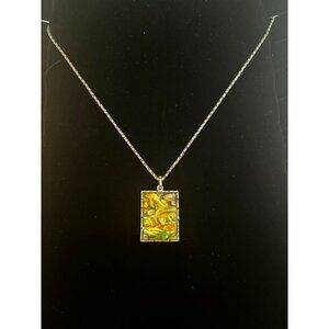 Vintage Earth-Toned Abalone Shell Pendant Necklace 20 Inch Chain Silver Tone